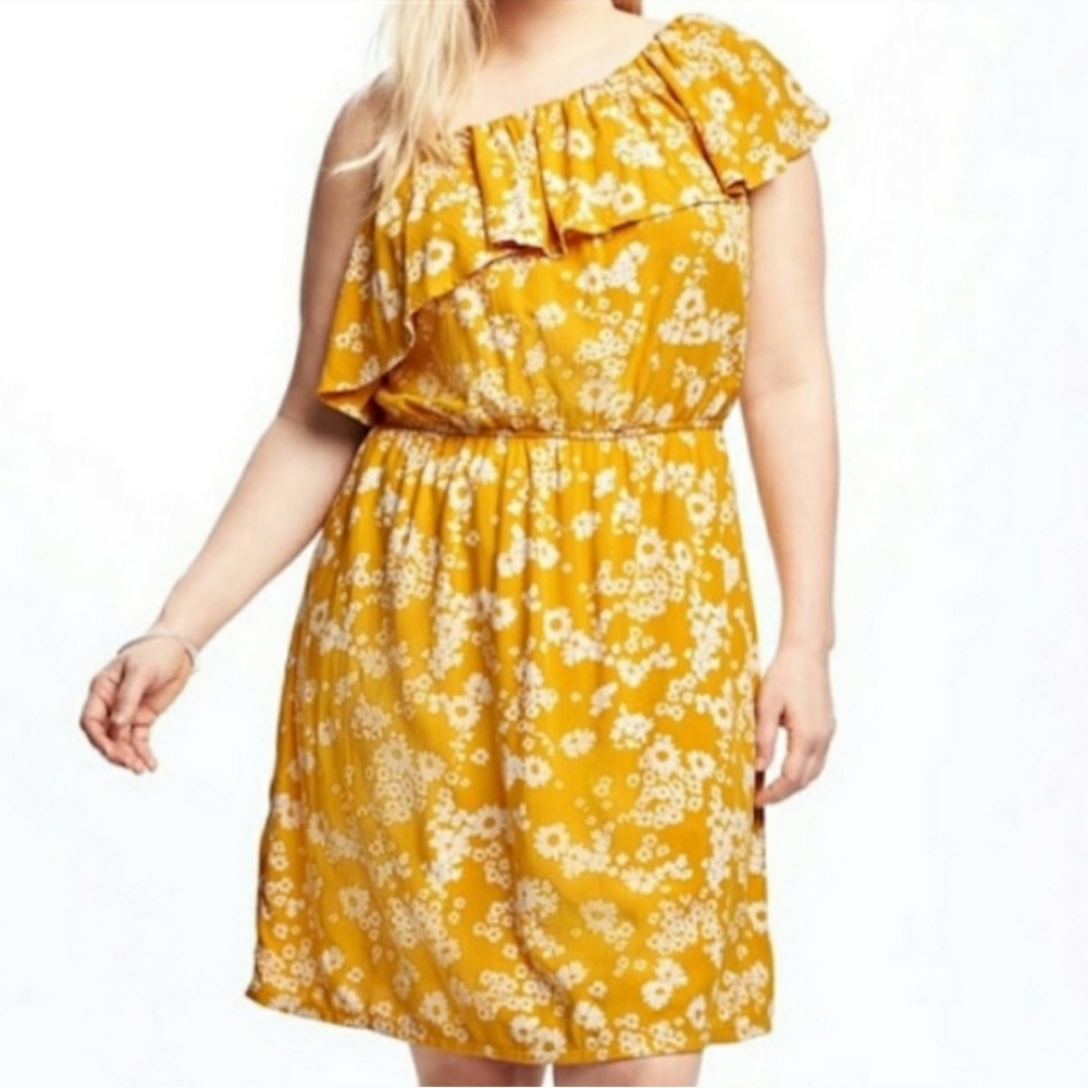 Old Navy Women’s Size XS Mustard Yellow Floral Print Dress One Shoulder Ruffle
